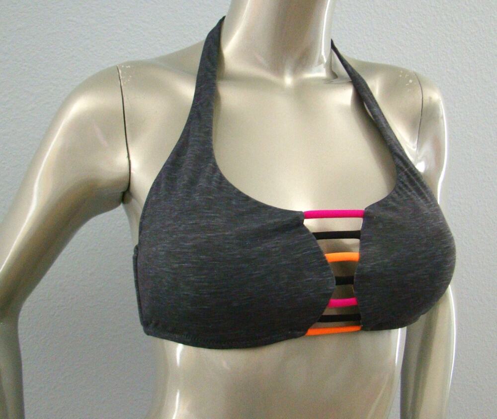 PINK Victoria's Secret Shaded Gray Strappy Caged Halter Bikini Top XS